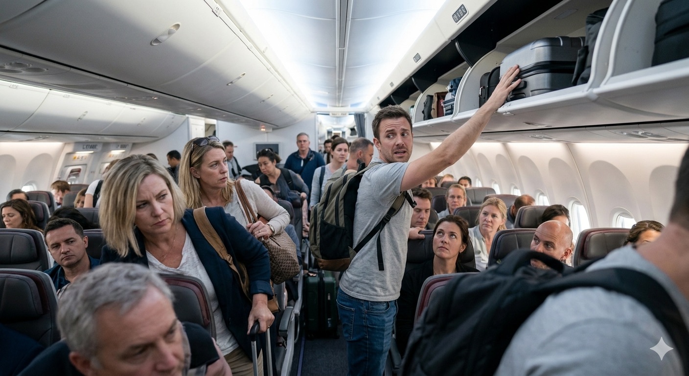 De logica van de looprichting: plaats nooit je tas áchter je in een bagagebak in het vliegtuig