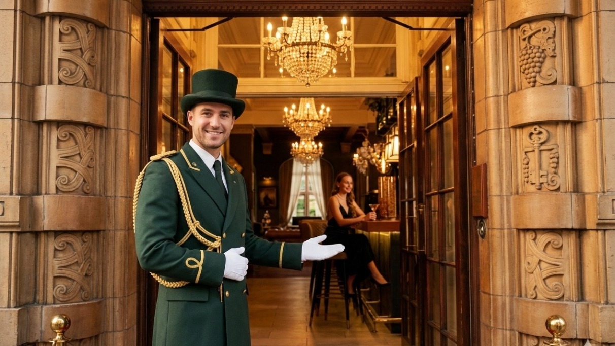 Hotelconcierge verwelkomt gast bij de deur