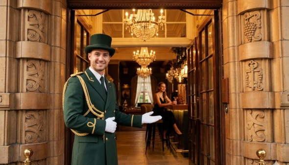 Hotelconcierge verwelkomt gast bij de deur