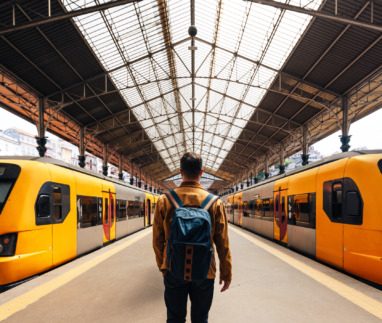 Man van achteren gezien loopt op het perron tussen twee gele treinen
