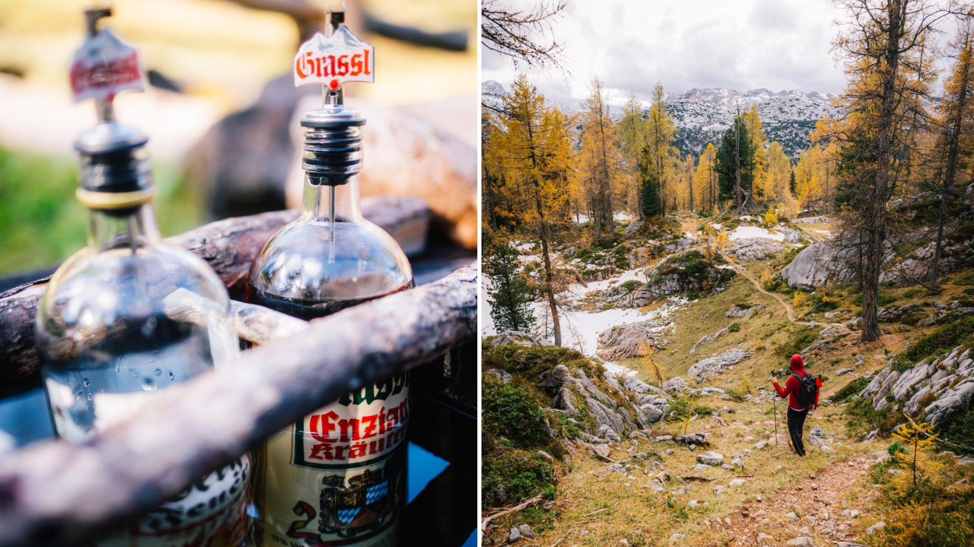 Grassl Enzianlikeur en wandelaar in het berglandschap van Berchtesgadener Land