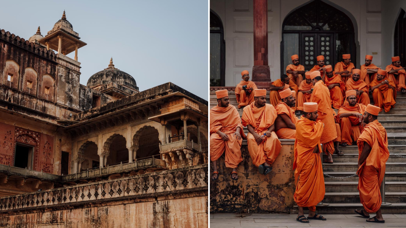 Hindoeïstische monniken in saffraankleurige gewaden bij de Govind Dev Ji-tempel in Jaipur, India