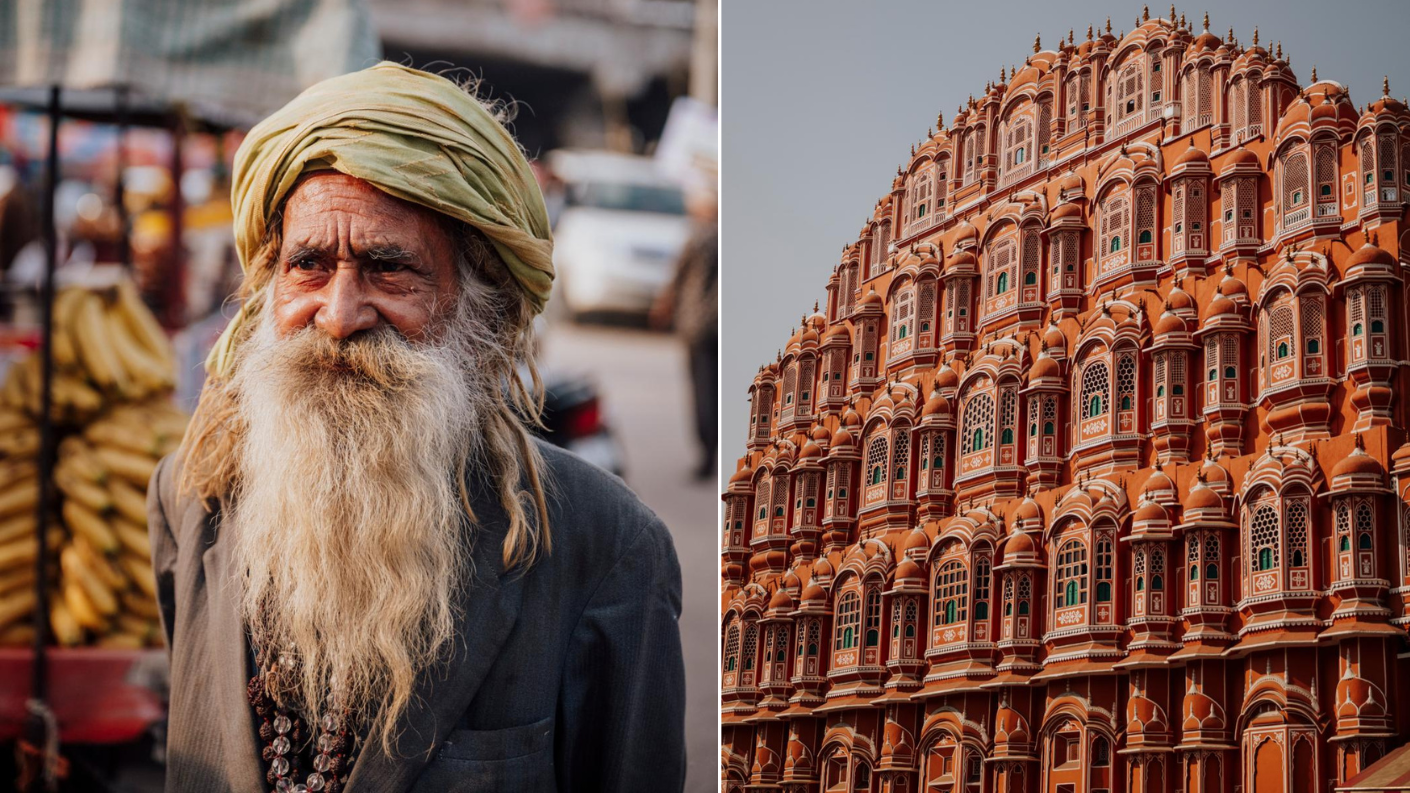 Straatportret van een man met tulband en de Hawa Mahal in Jaipur, India
