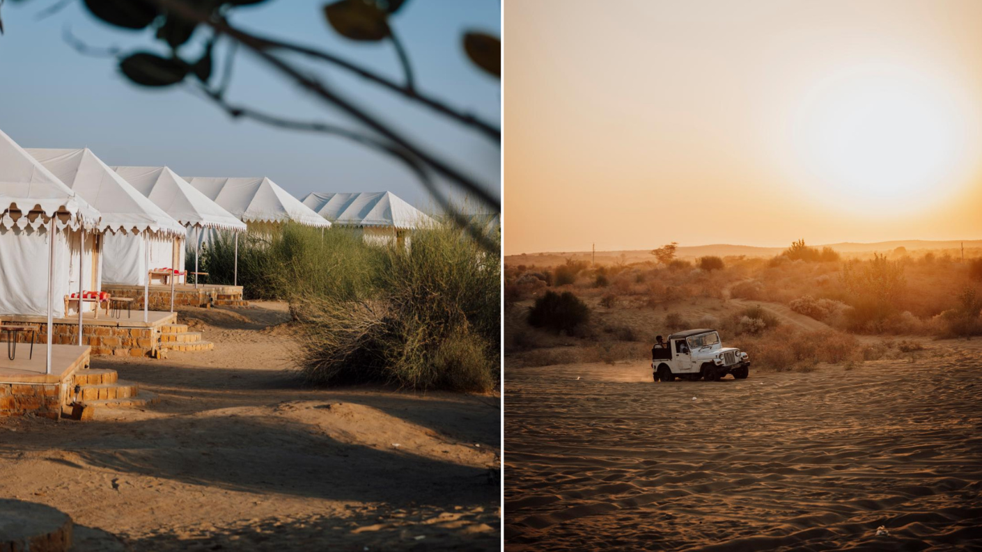 Luxe woestijnkamp en jeepsafari in de Tharwoestijn bij Jaisalmer in Rajasthan, India