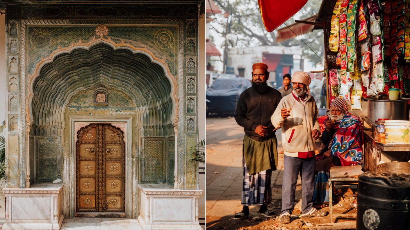 Versierde boogpoort van een paleis naast mannen bij een straatkraam in Jaipur in India