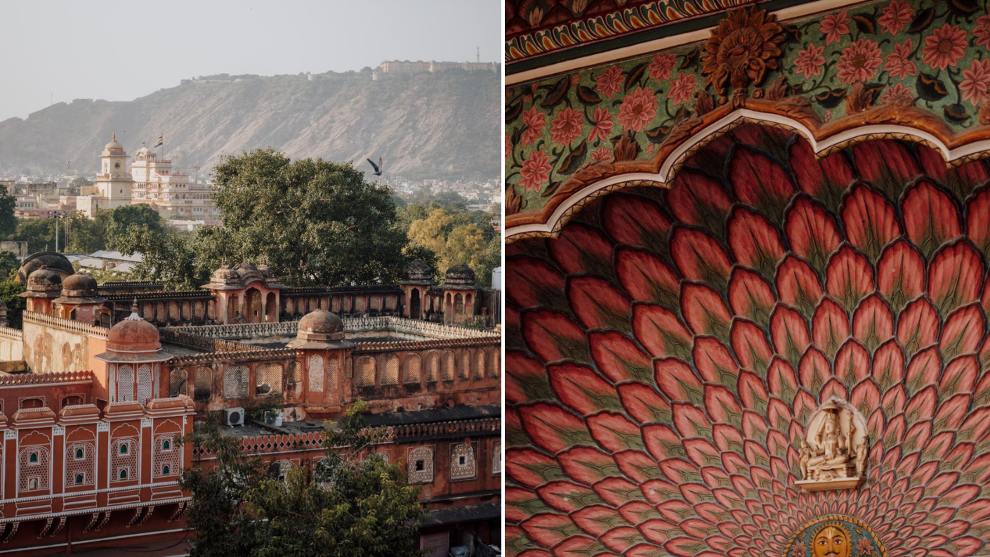 Uitzicht over paleizen van Jaipur met decoratief geschilderde boog in een historisch gebouw