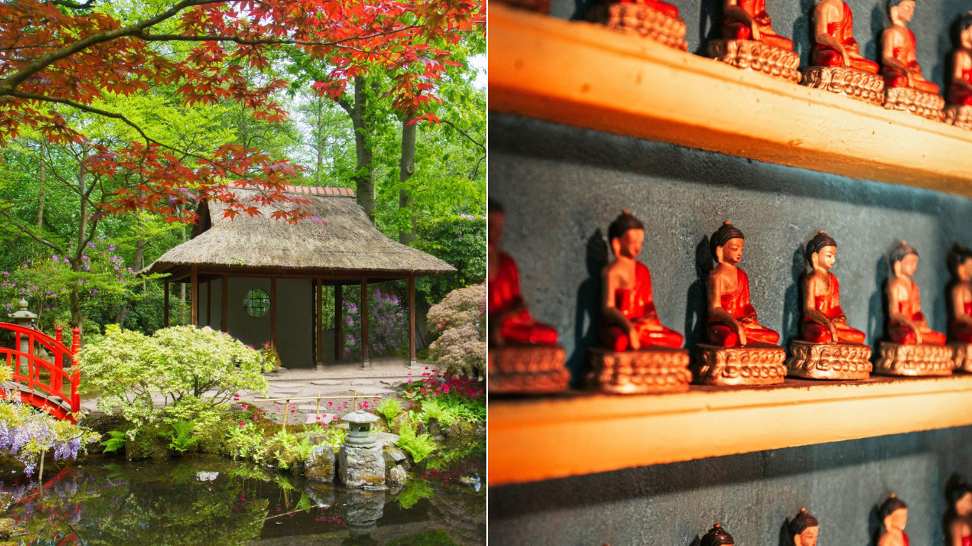 Japanse tuin met paviljoen, brug en vijver op Landgoed Clingendael in Den Haag.