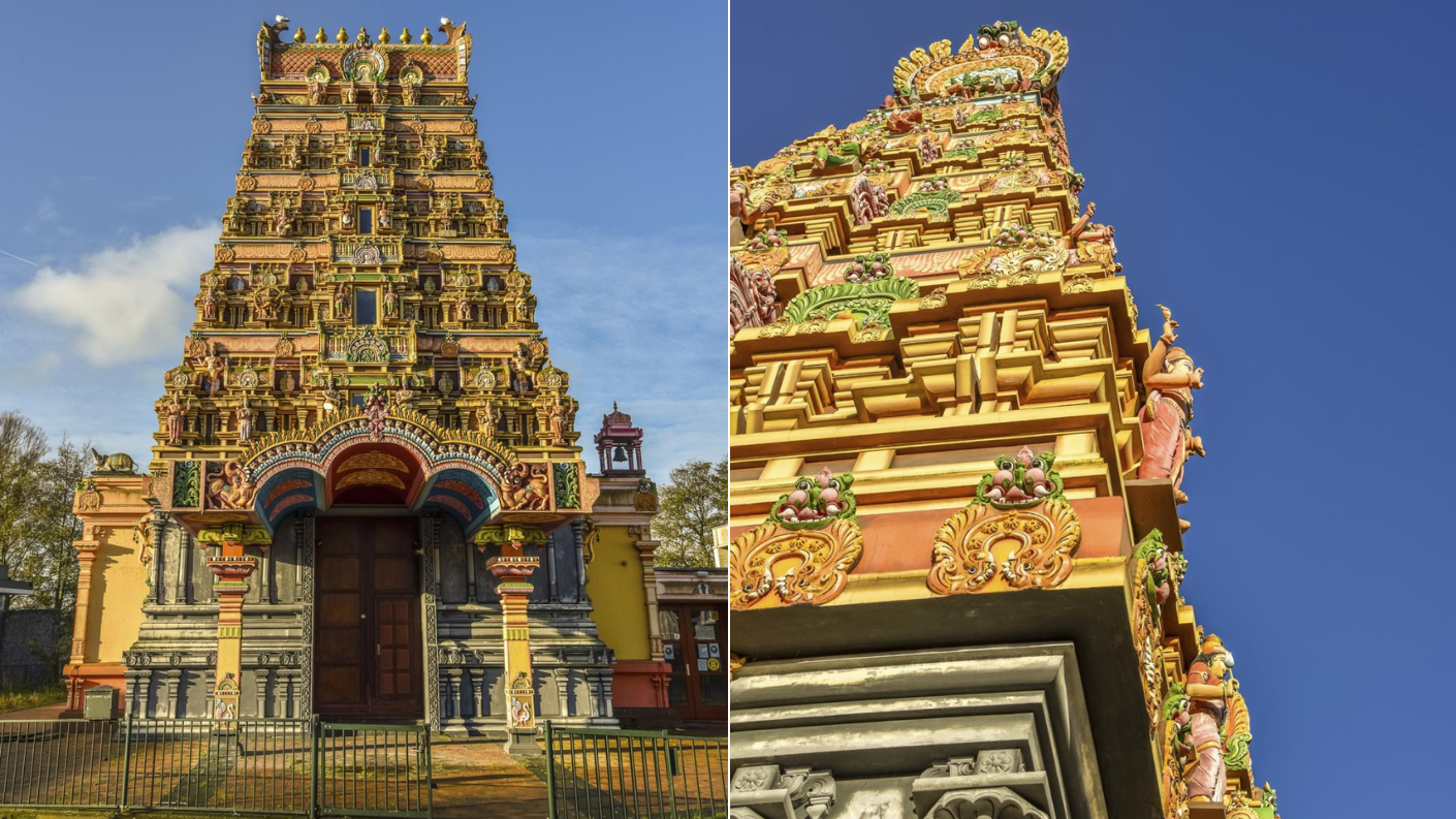Sri Varatharaja Selvavinayagar-tempel in Den Helder met kleurrijke toren en gedetailleerde beelden