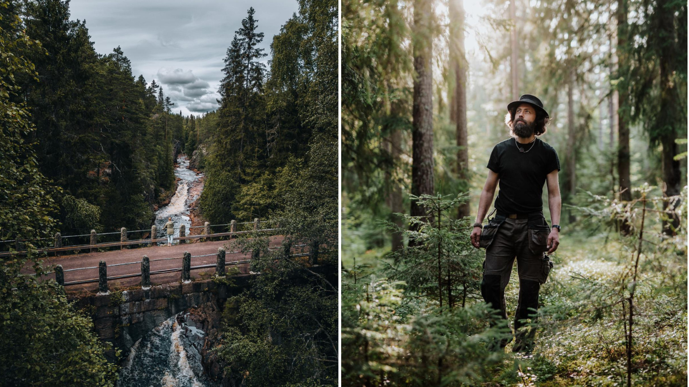 Waterval in een dicht bos en wandelaar in het bos van Värmland