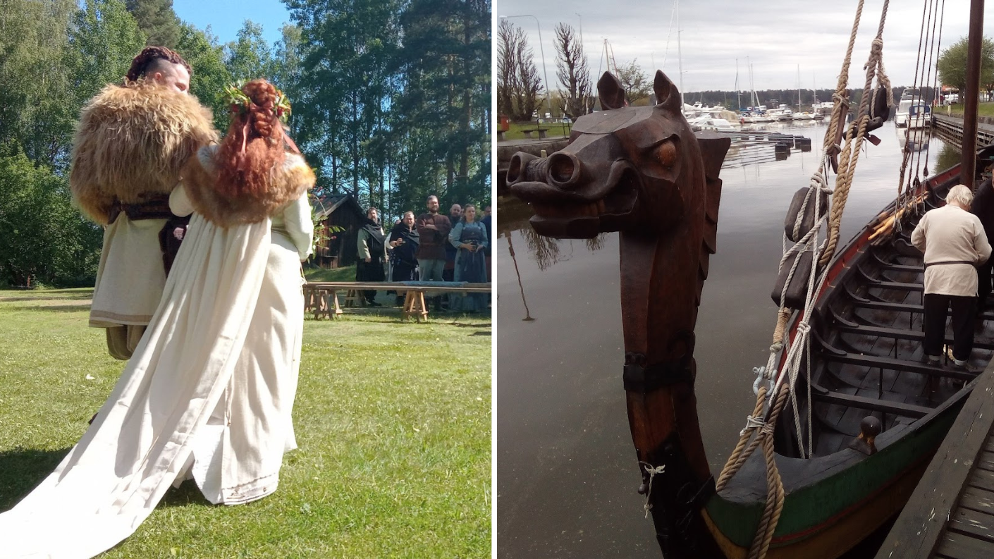 Historische Vikingre-enactment en traditioneel Vikingschip in Zweden