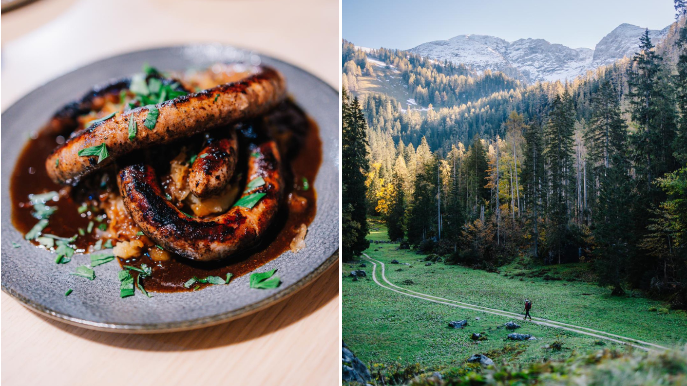 Beierse worstschotel en wandelaar in het berglandschap van Berchtesgadener Land