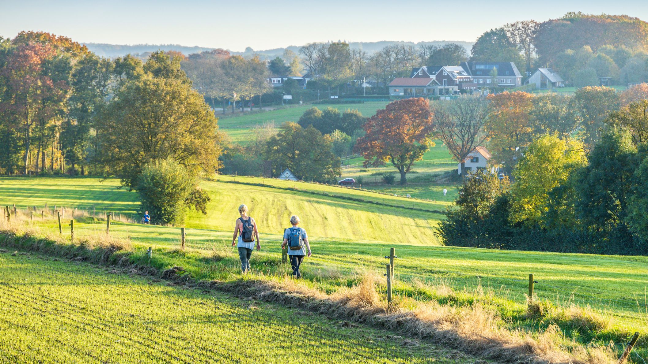 Twee wandelaars met rugzakken lopen door een groen, heuvelachtig weiland bij zonsondergang.