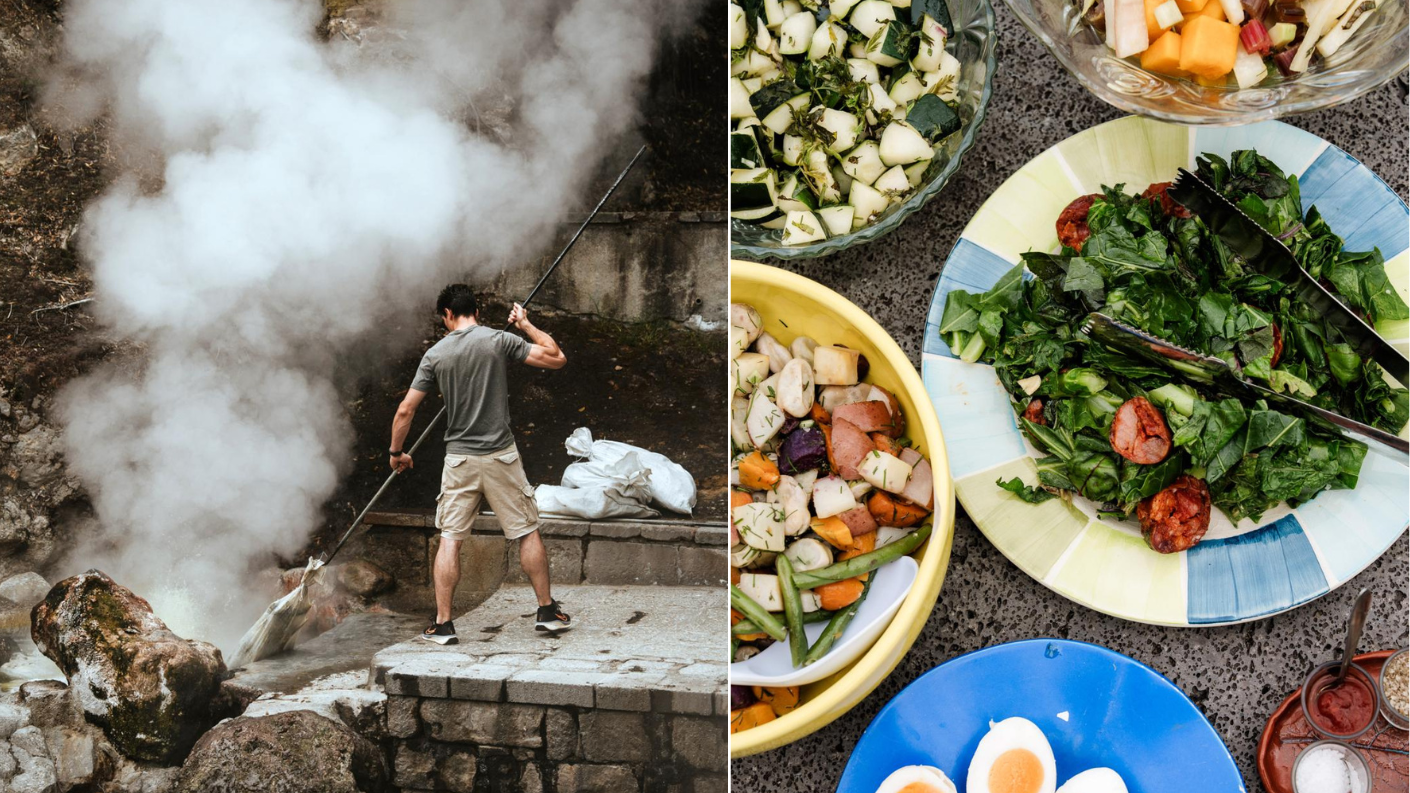 man bereidt geothermische maaltijd in hete grond bij Furnas op de Azoren
