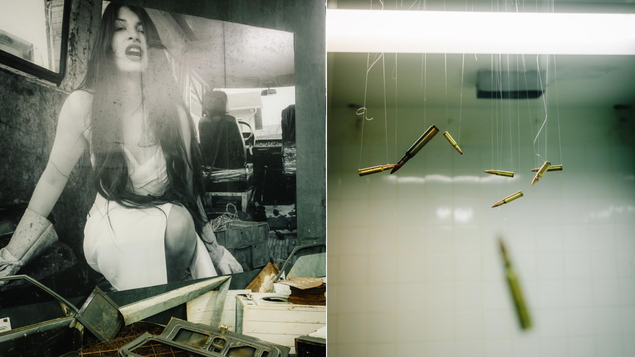 installatie met zwevende kogels en zwart-witfoto in Tito’s bunker bij Konjic