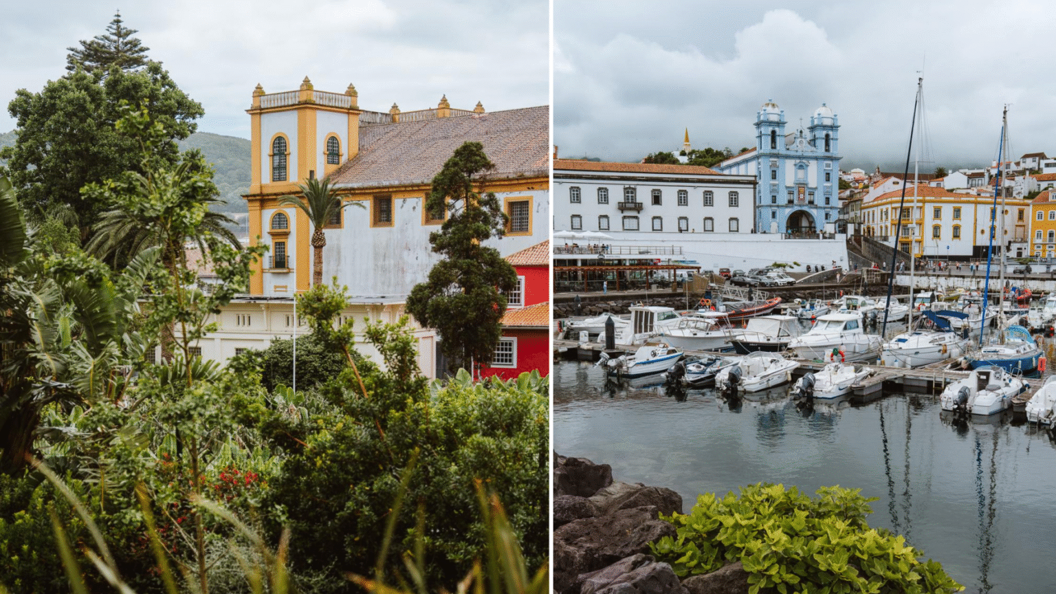 kerk en kleurrijke gebouwen in Ponta Delgada met jachthaven en boten op São Miguel, Azoren