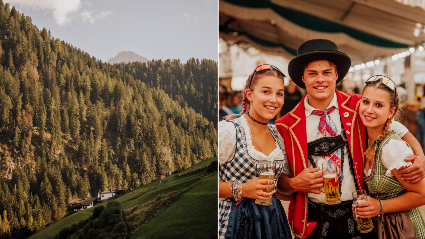 alpenweide met dorp en mensen in traditionele klederdracht in Trentino