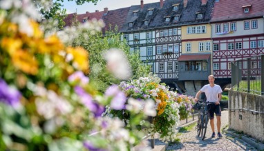 Een fietser wandelt over een kasseienpad langs kleurrijke bloemen met op de achtergrond de historische vakwerkhuizen van de Krämerbrücke.