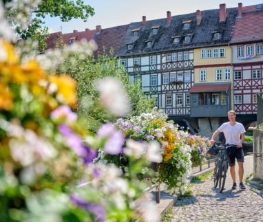 Een fietser wandelt over een kasseienpad langs kleurrijke bloemen met op de achtergrond de historische vakwerkhuizen van de Krämerbrücke.