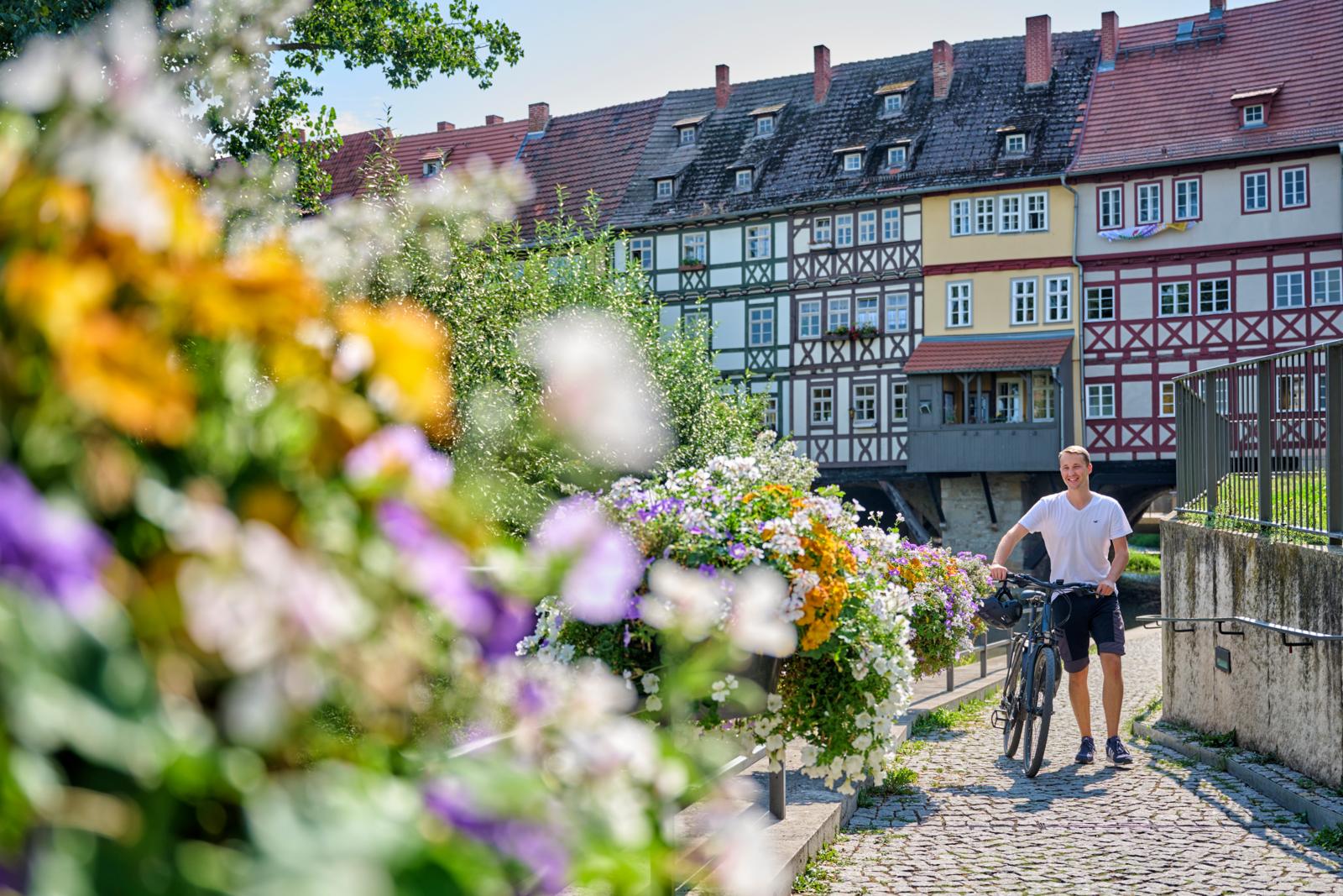 Een fietser wandelt over een kasseienpad langs kleurrijke bloemen met op de achtergrond de historische vakwerkhuizen van de Krämerbrücke.