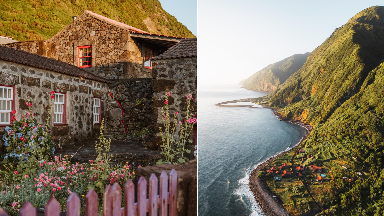 stenen huizen met bloemen en uitzicht op groene kliffen en kustlijn van Fajã do Belo op São Jorge, Azoren
