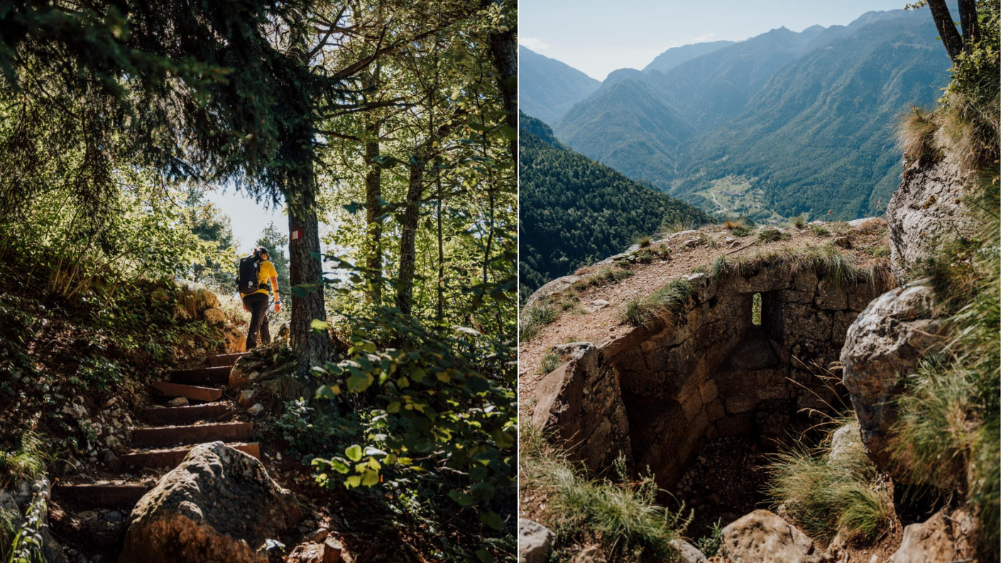 wandelaar op bospad en oude loopgraaf in bergen van Forra del Lupo in Trentino