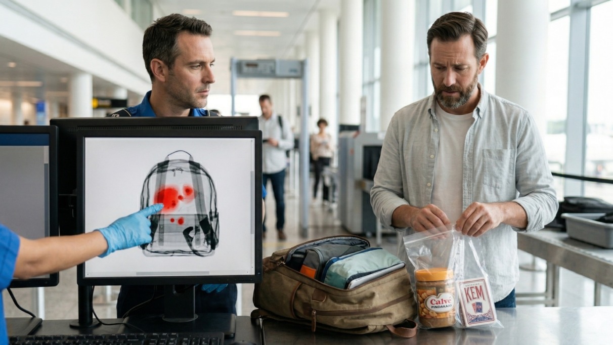 Man wordt tegengehouden bij de bagagecheck op het vliegveld met speelkaarten en pindakaas