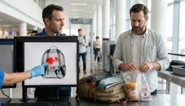 Man wordt tegengehouden bij de bagagecheck op het vliegveld met speelkaarten en pindakaas