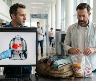 Man wordt tegengehouden bij de bagagecheck op het vliegveld met speelkaarten en pindakaas