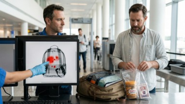 Man wordt tegengehouden bij de bagagecheck op het vliegveld met speelkaarten en pindakaas