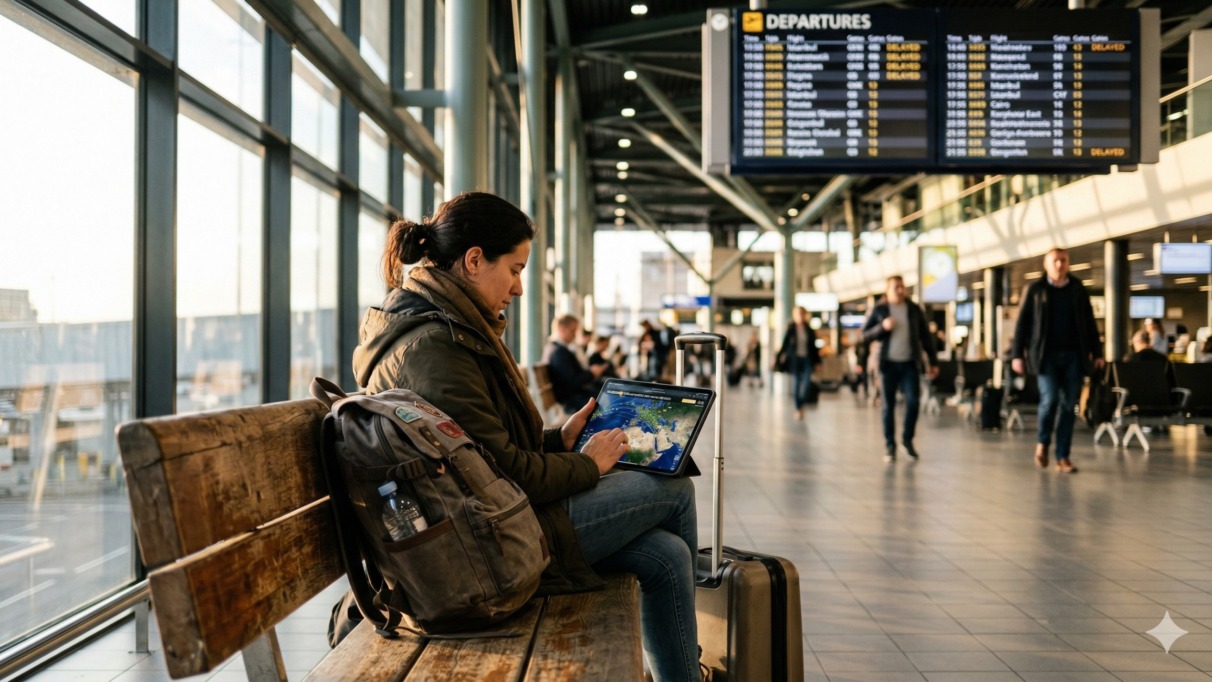 Vrouwelijke reiziger op airport kijkt peinzend naar omleidingsvluchtroutes boven het Midden-Oosten op haar tablet