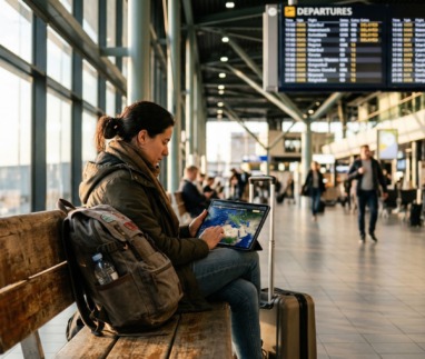 Vrouwelijke reiziger op airport kijkt peinzend naar omleidingsvluchtroutes boven het Midden-Oosten op haar tablet