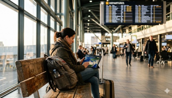 Vrouwelijke reiziger op airport kijkt peinzend naar omleidingsvluchtroutes boven het Midden-Oosten op haar tablet
