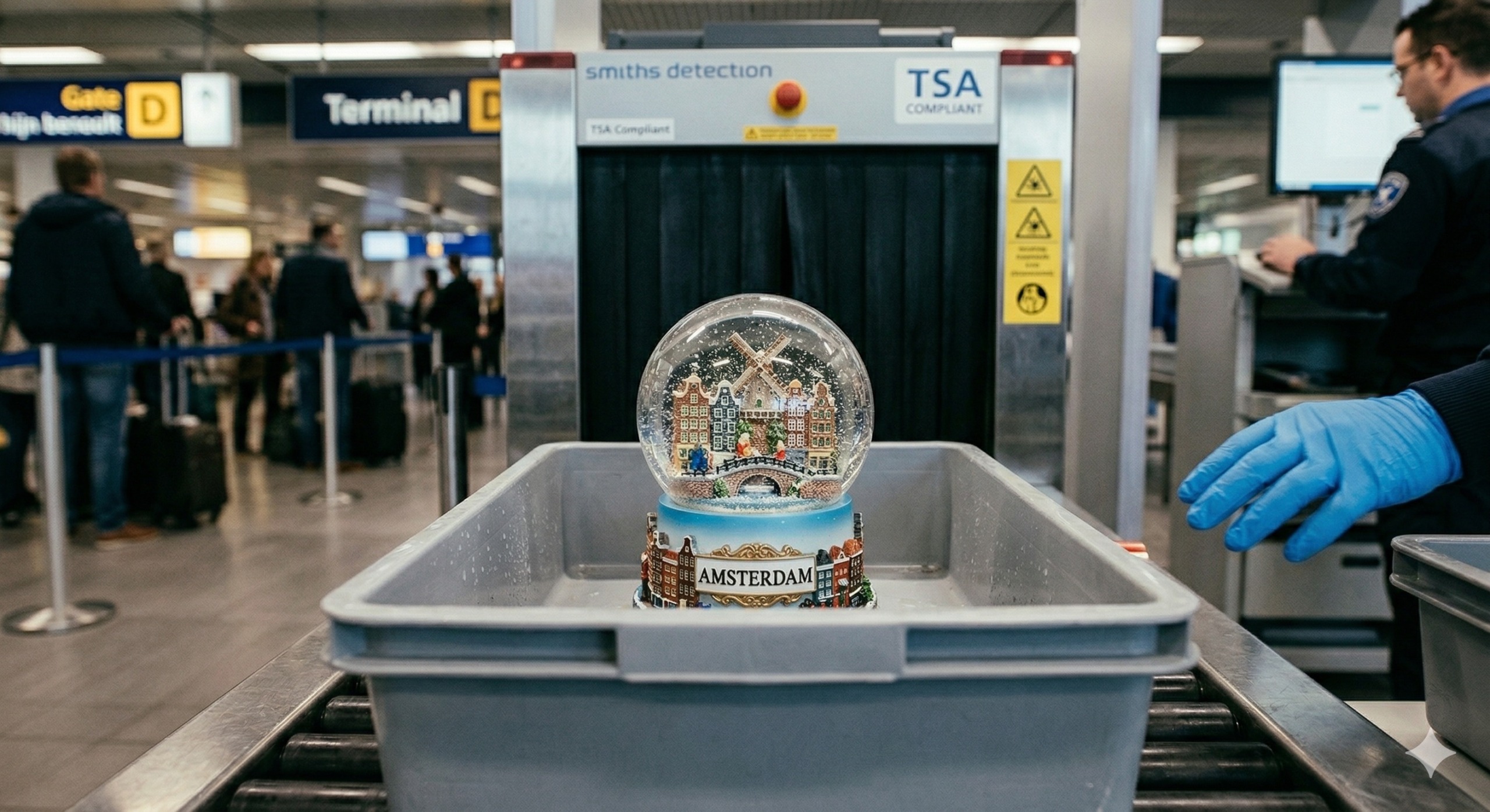 Sneeuwbol door de bagage-controle van de luchthaven