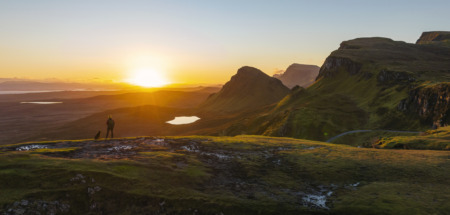 Man bij Quiraing op Isle of Skye, Schotland