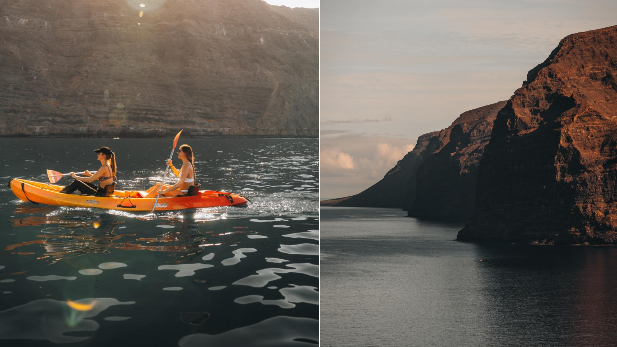 twee kajakkers peddelen langs de steile kliffen van Los Gigantes op Tenerife