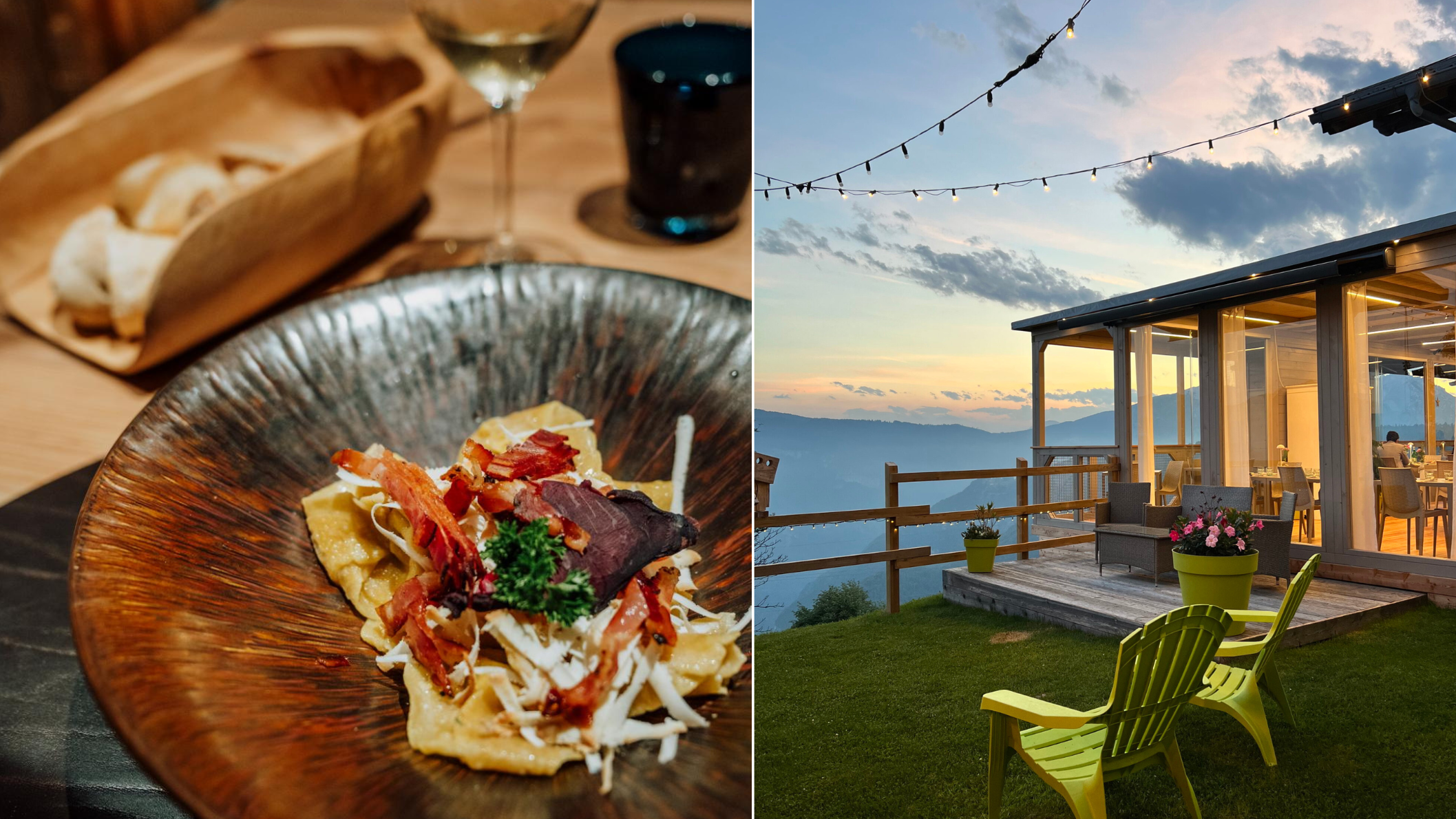 gerecht met lokale ingrediënten en terras van restaurant Lusernarhof met uitzicht op bergen in Trentino