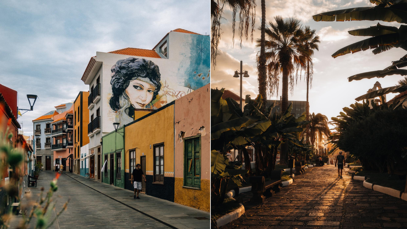 kleurrijke straat met muurschildering en palmen in Puerto de la Cruz op Tenerife