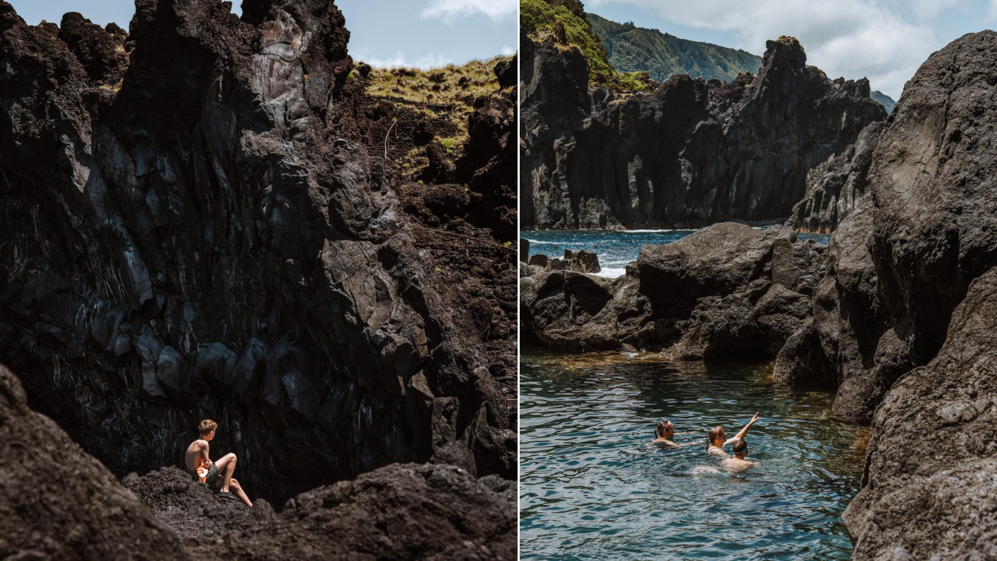 zwemmers in natuurlijk zeewaterbad tussen zwarte lavarotsen bij Simão Dias op de Azoren
