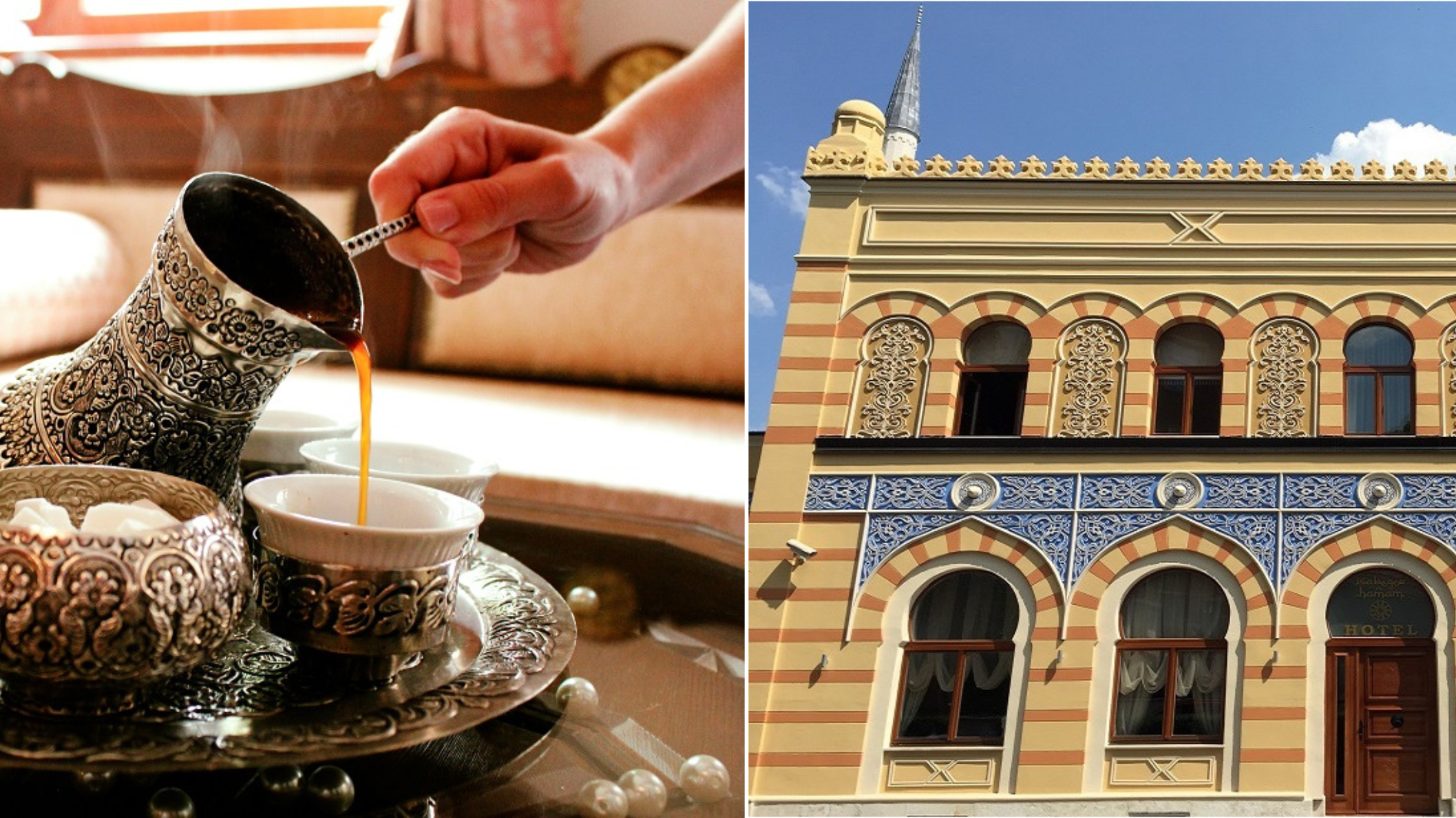 traditioneel Bosnisch koffieservies en gevel van Isa Begov Hamam Hotel in Sarajevo
