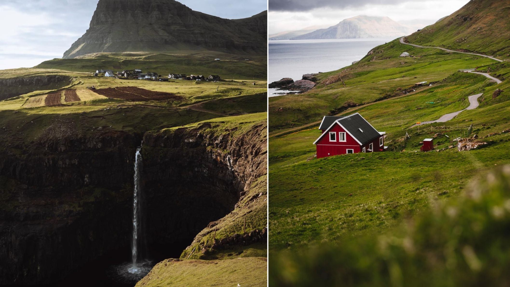 Collage van de Faeröer Eilanden met links de Múlafossur waterval die in de oceaan stort en rechts een traditioneel rood huis in een groen heuvellandschap.