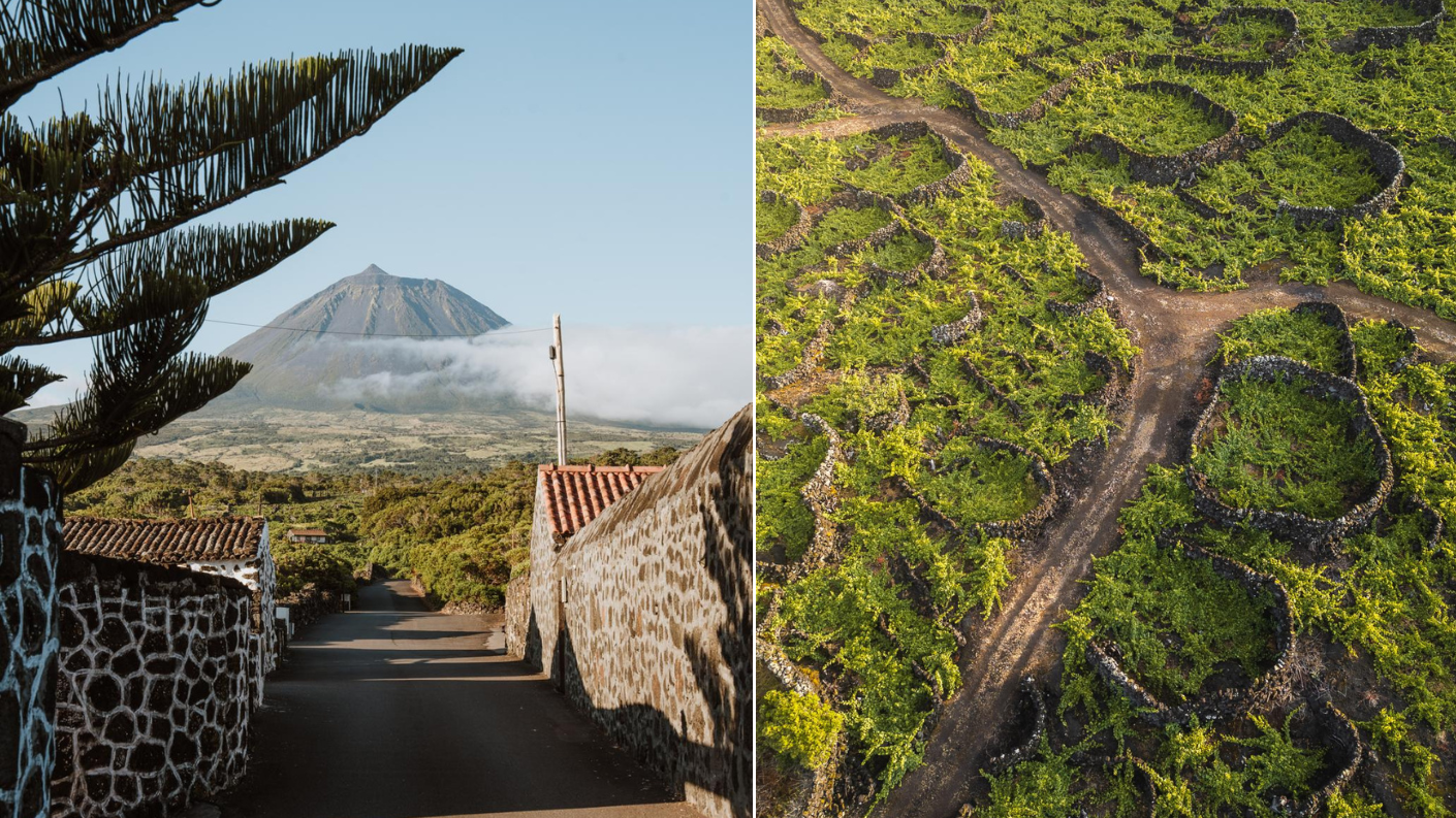 zicht op de Pico-vulkaan en traditionele wijngaarden in stenen ommuurde percelen (currais) op Pico, Azoren