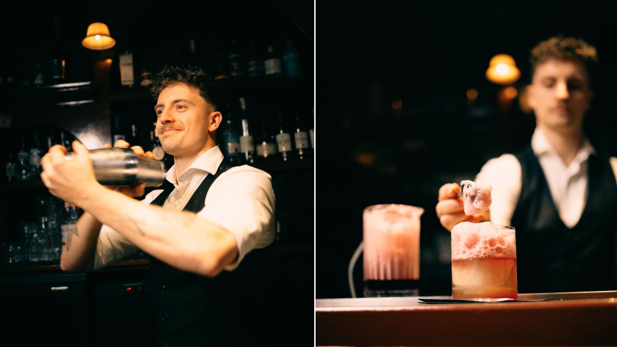 Tweeluik van een professionele bartender die cocktails shaket en een drankje garneert met schuim in de donkere 1920 Speakeasy in Nijmegen.