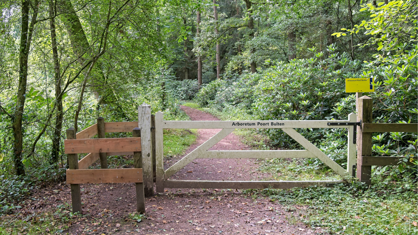 Een wit houten toegangshek markeert het begin van een bospad in Arboretum Poort Bulten.