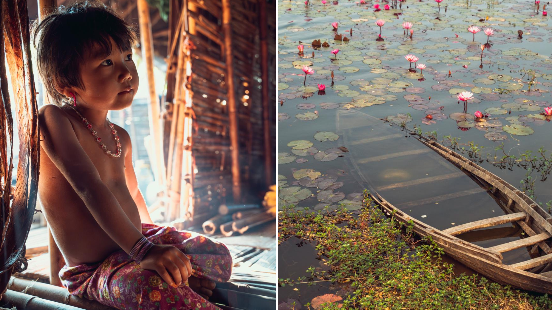 kind in traditioneel huis en houten kano tussen waterlelies in Bangladesh