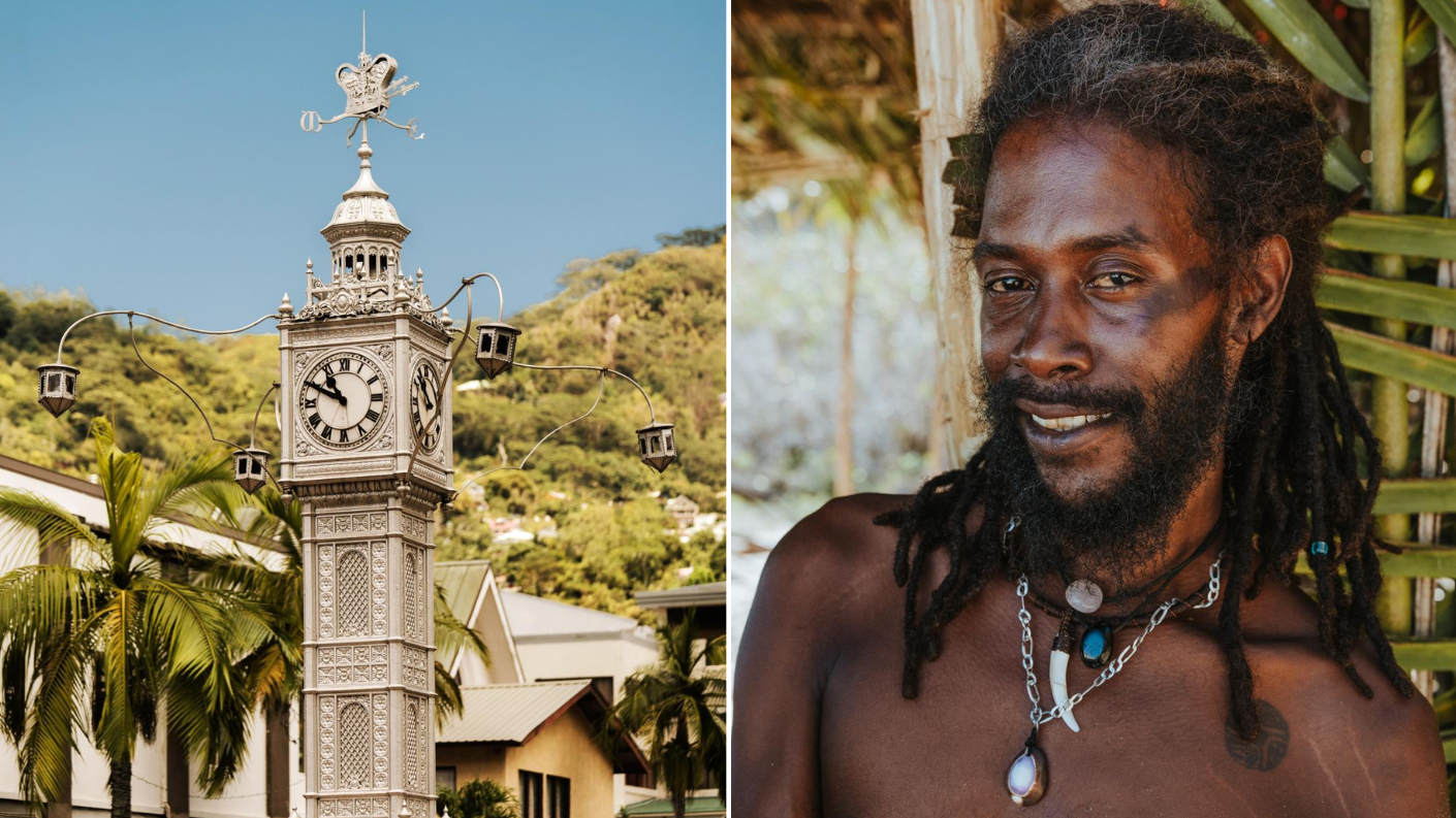 Victoria Clocktower op Mahé en portret van man met dreadlocks op de Seychellen
