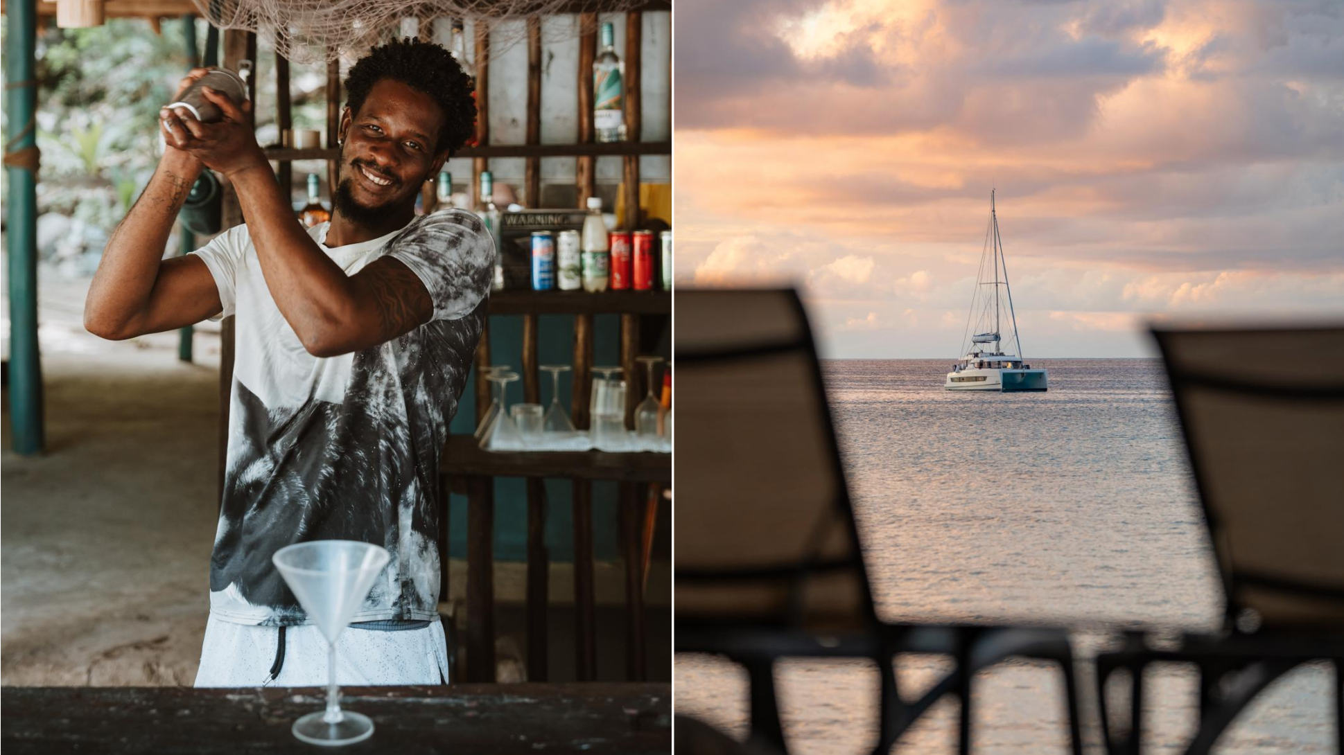 Bartender in strandbar en catamaran op zee bij zonsondergang op de Seychellen