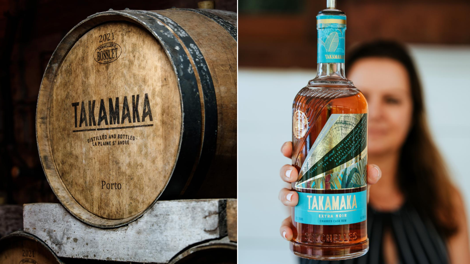 Houten vat en fles Takamaka-rum geproduceerd op de Seychellen