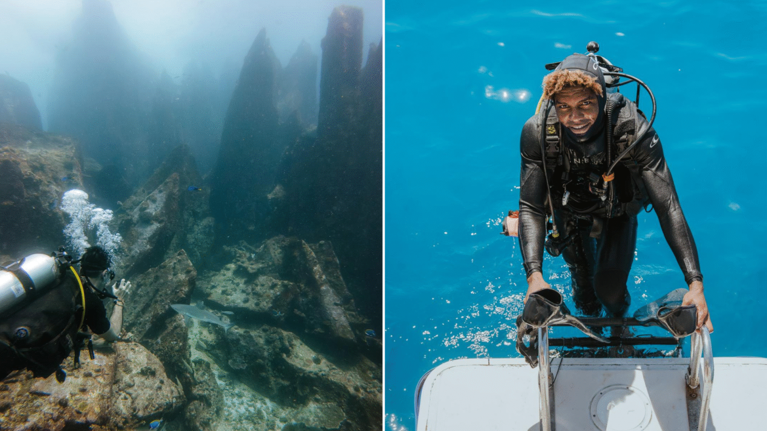 Duikers verkennen granietrotsen onder water bij de Seychellen terwijl een duikinstructeur aan boord klimt