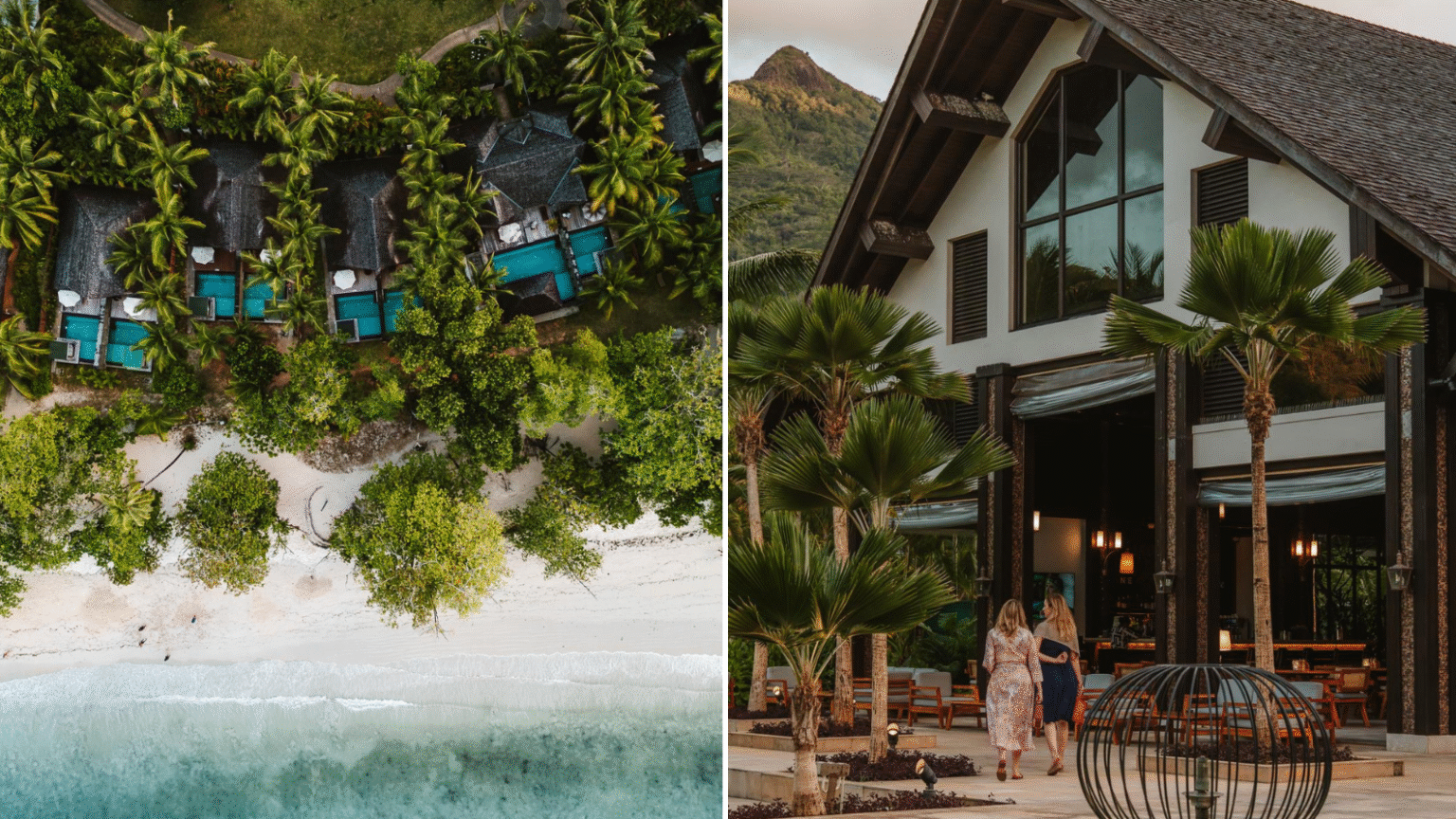Luchtfoto van STORY Seychelles Resort met villa’s en zwembaden aan het strand van Mahé op de Seychellen