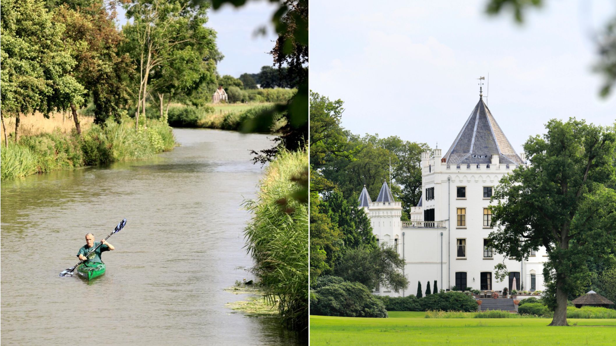 Een kanoër op de Kromme Rijn naast een afbeelding van het witte Kasteel Rhijnestein.